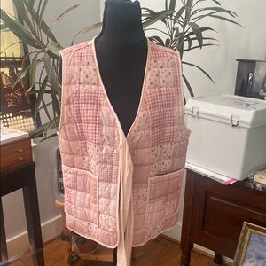 Pink Patchwork Boho Vest with Pockets and Tie front